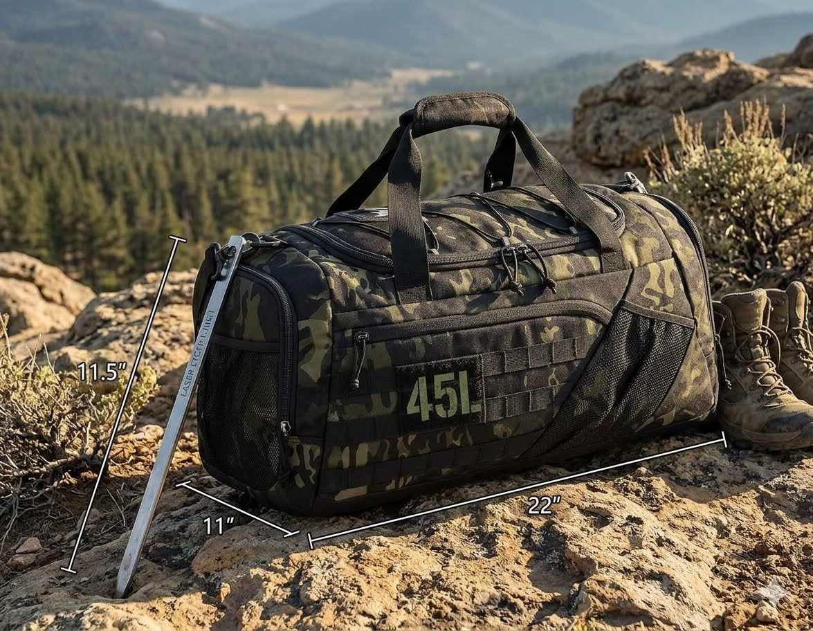 Camouflage duffel bag with measurements on a rocky landscape