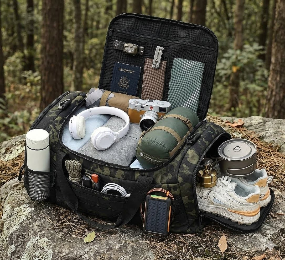 Open backpack with travel items including a camera, shoes, and a passport in a forest setting.