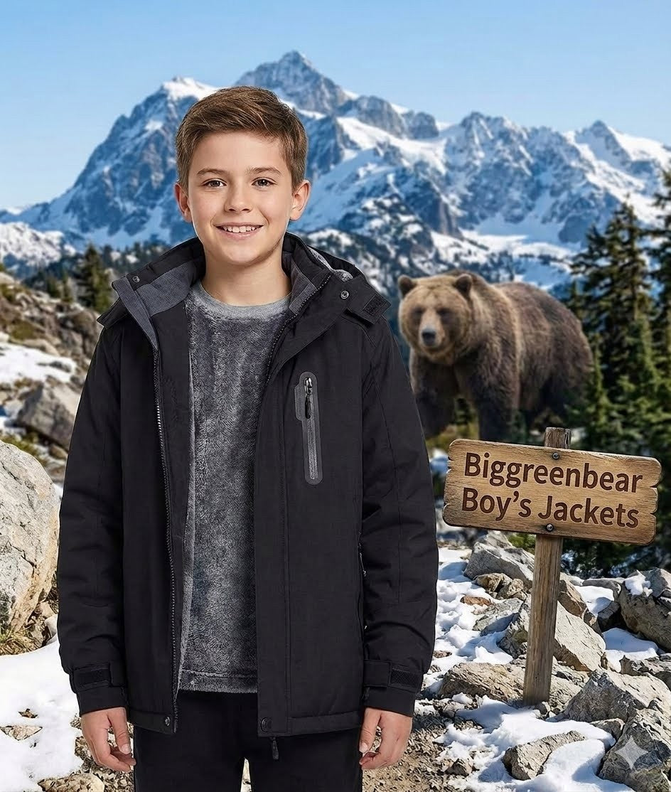 Boy standing in front of a mountainous landscape with a bear and 'Biggreenbear Boy's Jackets' sign.
