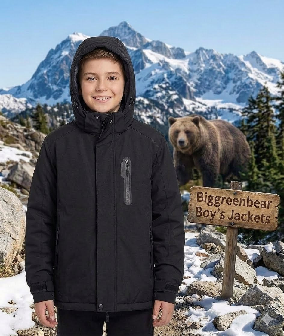 Child wearing a black jacket with a bear and mountain background, featuring 'Biggreenbear Boy's Jackets' sign.
