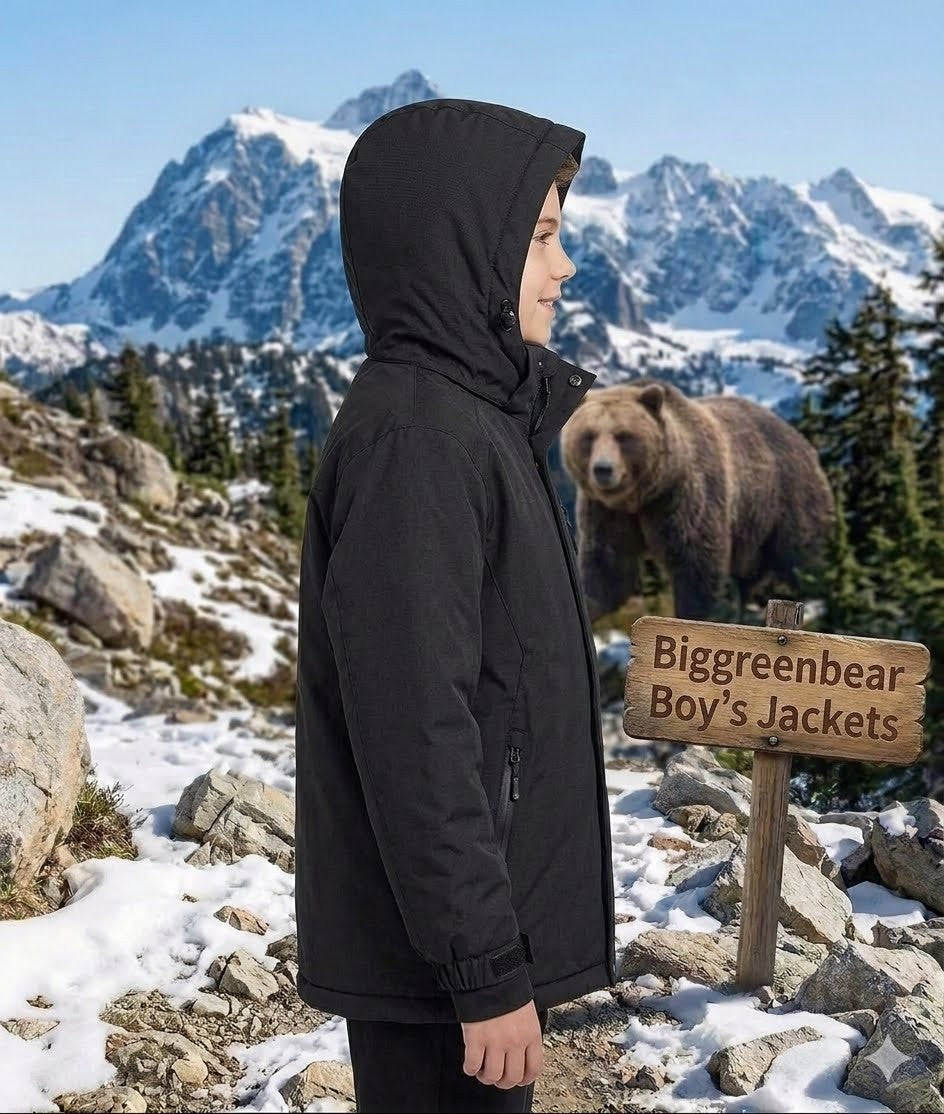 Person wearing a black jacket in a snowy mountainous area with a bear and a sign for 'Biggreenbear Boy's Jackets'.