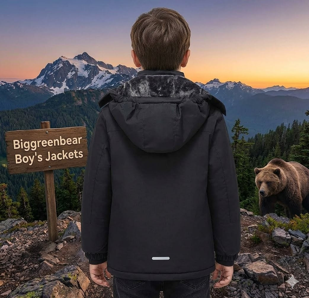 Person wearing a black jacket with a bear and mountain landscape in the background