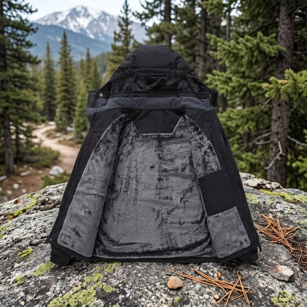 Black jacket with camouflage lining on a rock in a forest setting with mountains in the background