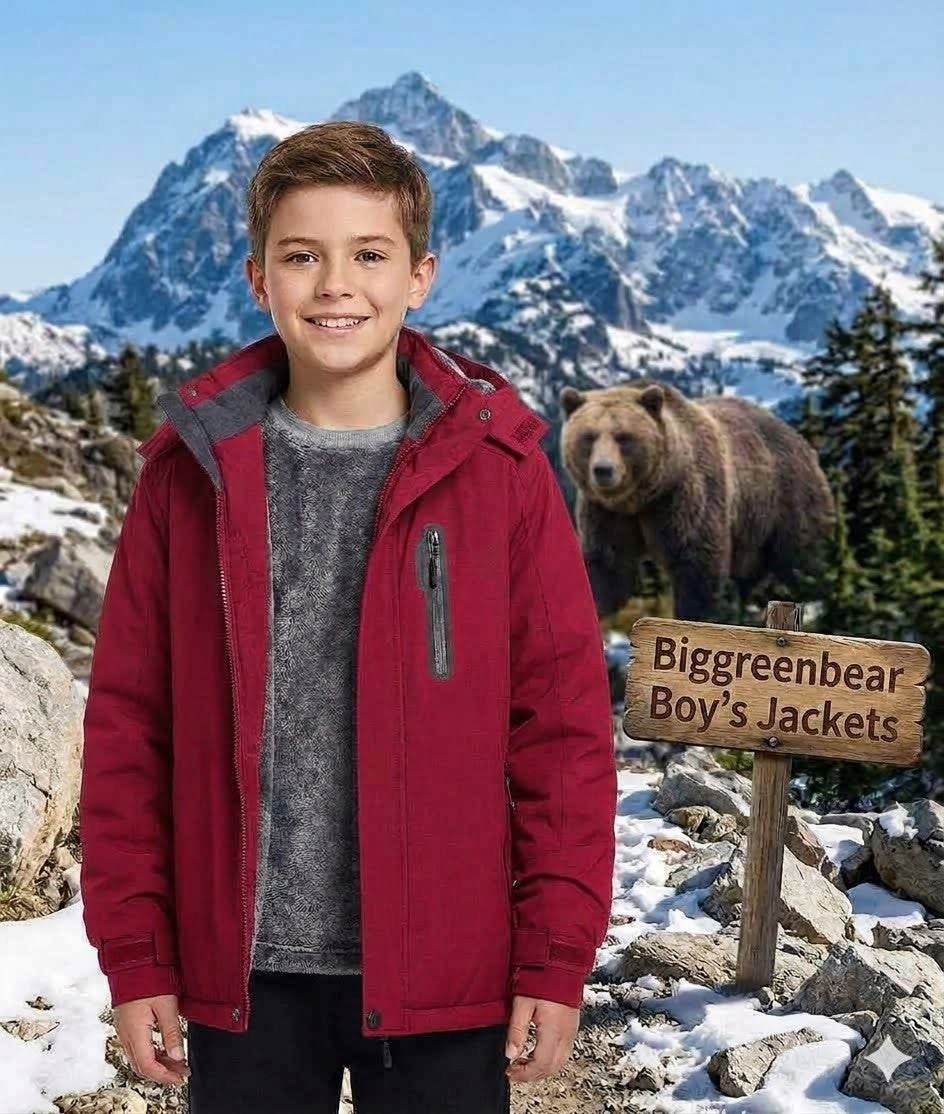 Child wearing a red jacket with a bear and mountain background big green bear