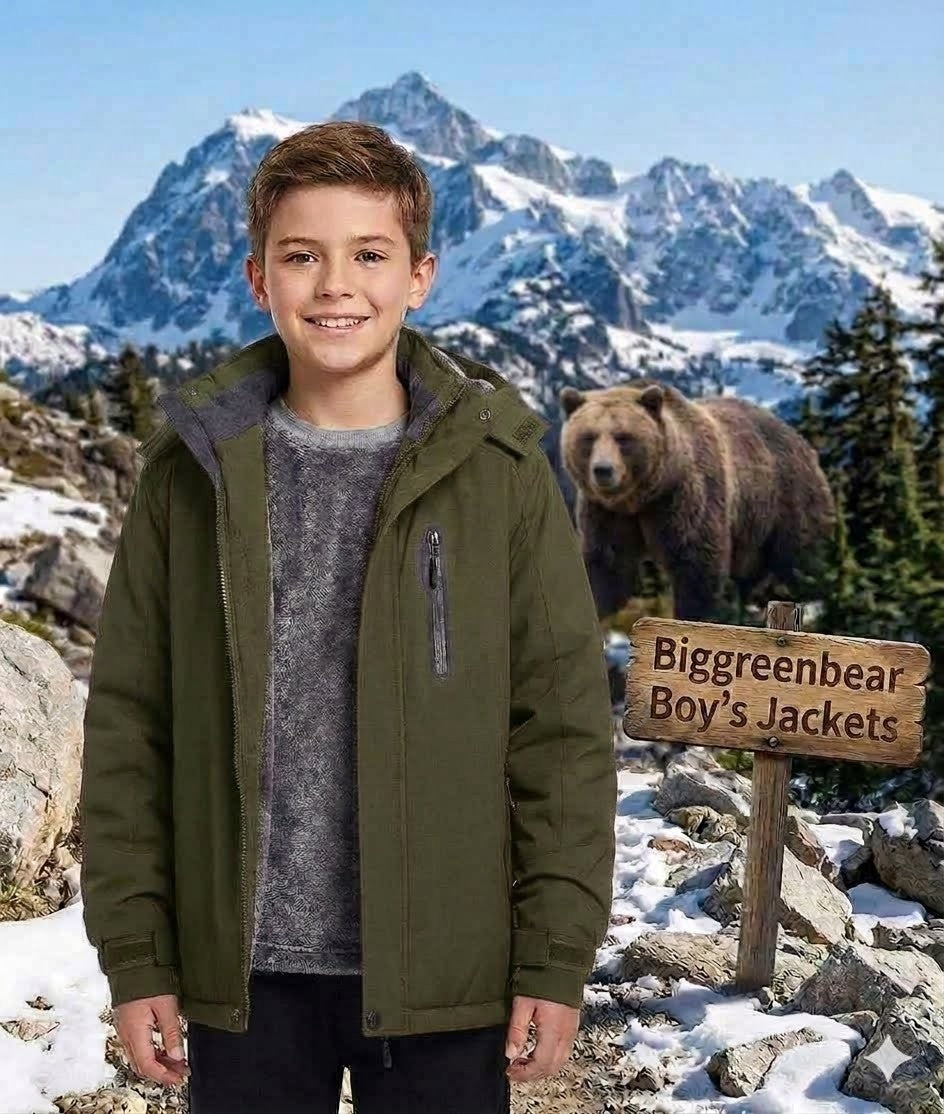 Boy wearing a green jacket with a bear and mountain background, featuring 'Biggreenbear Boy's Jackets' sign.