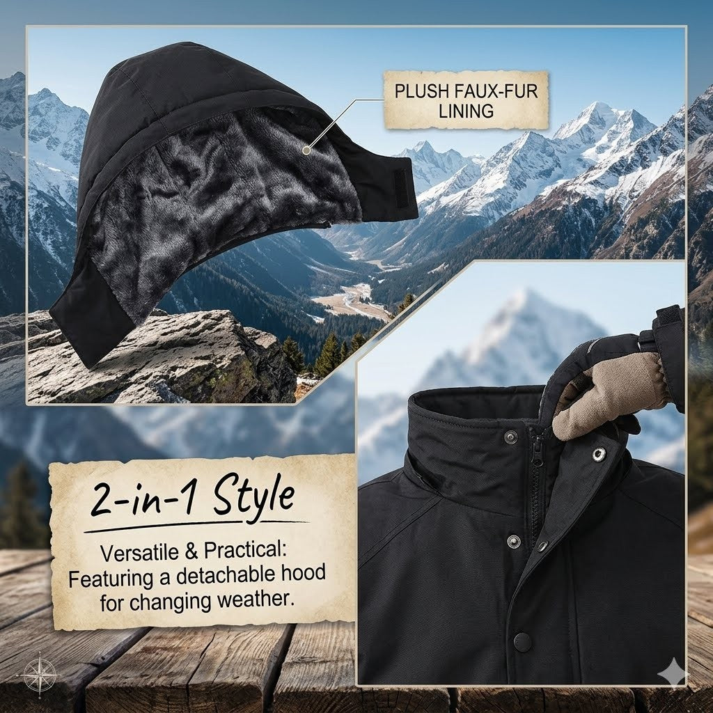 Black jacket with plush faux-fur lining and detachable hood against a mountainous background.