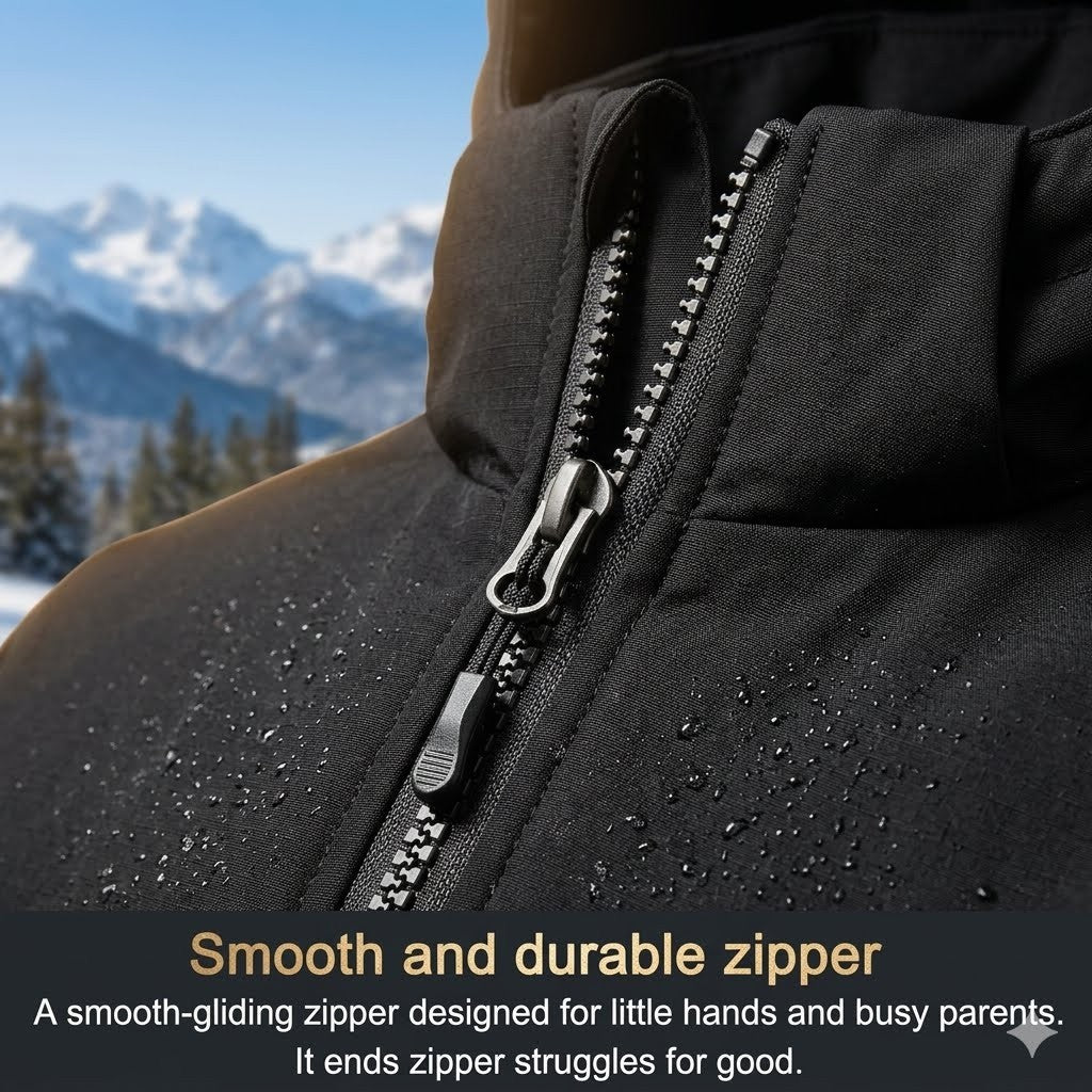Close-up of a black jacket zipper with a mountainous background