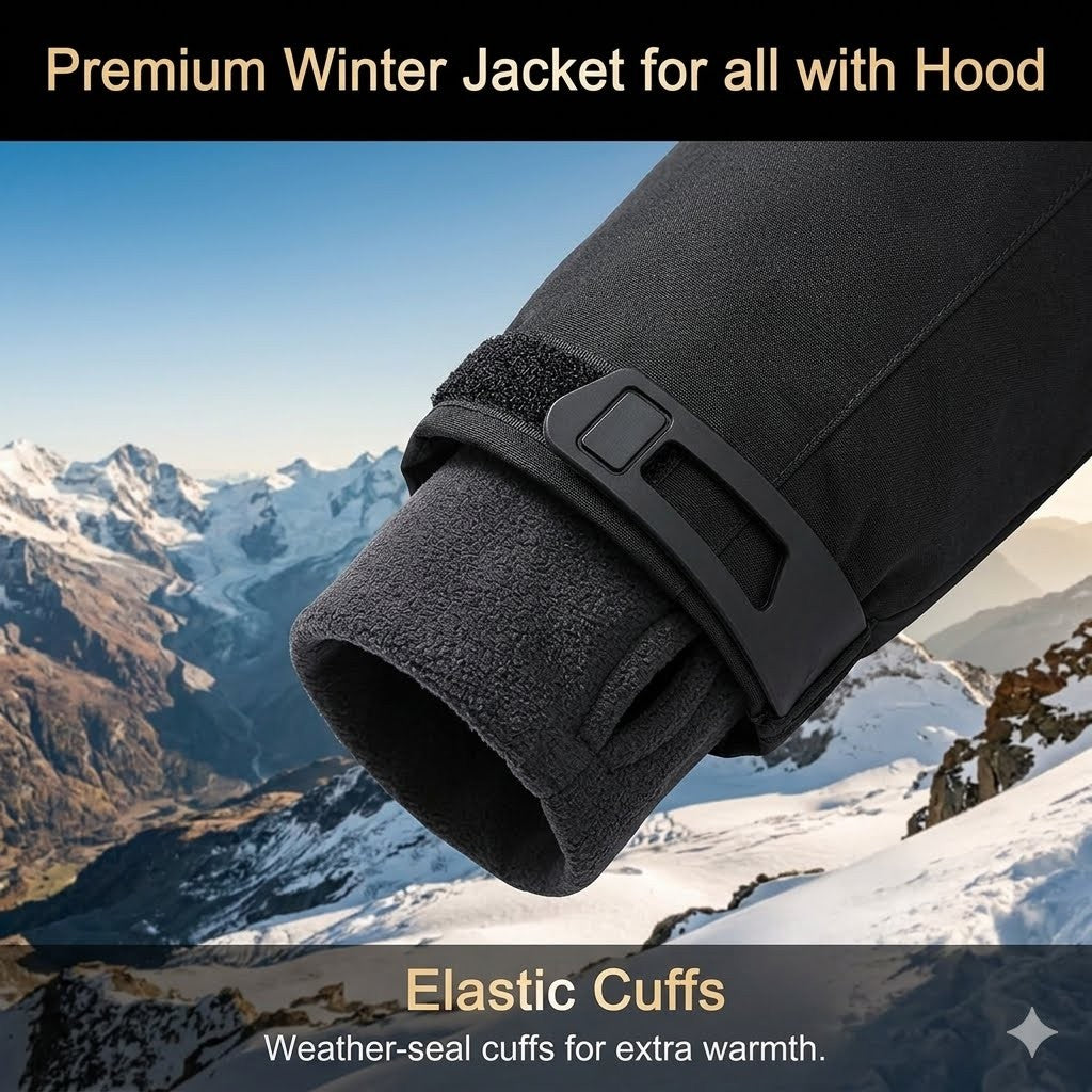 Black winter jacket with elastic cuffs against a snowy mountain background