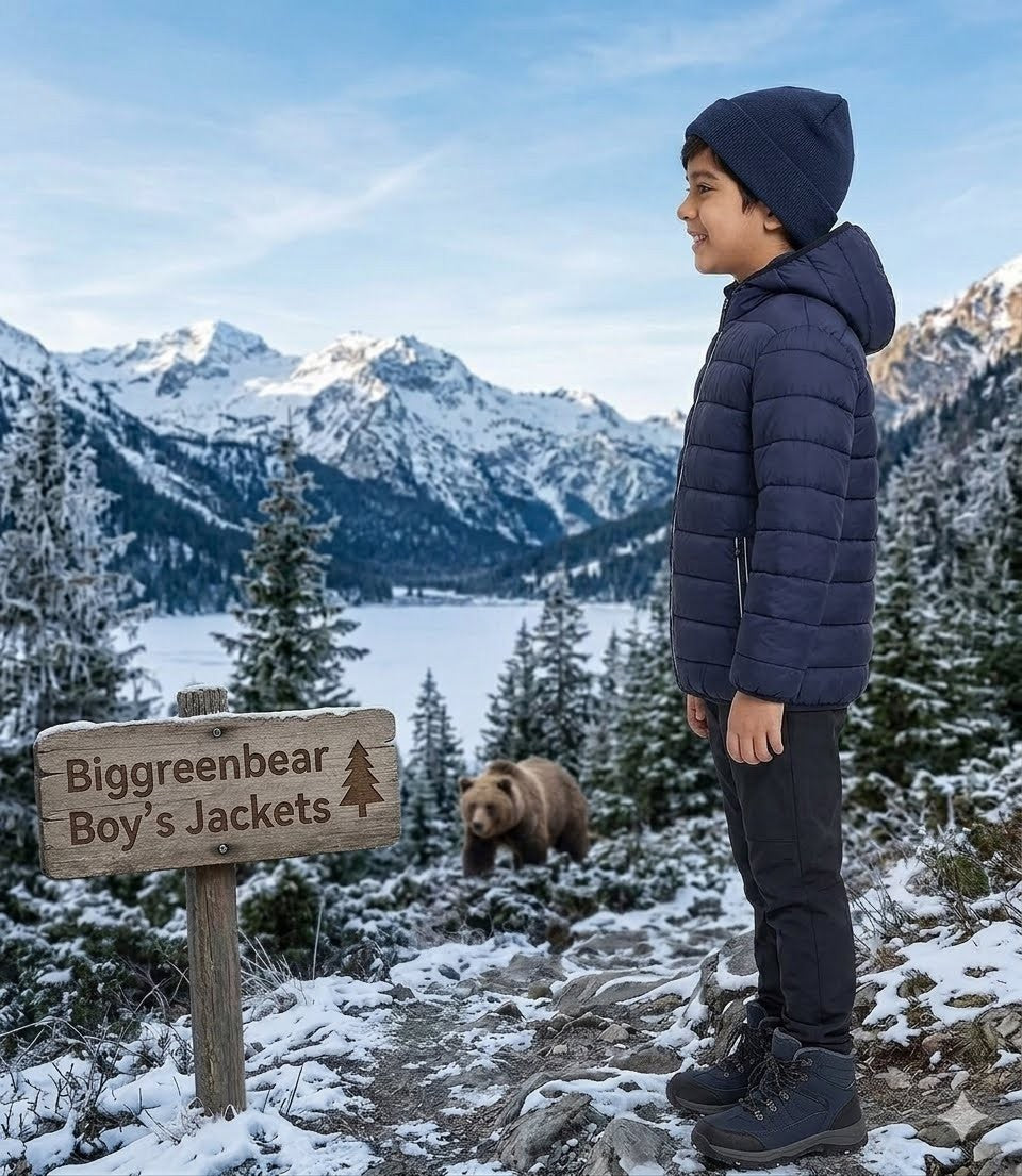 Child in a blue jacket standing in a snowy mountain landscape with a bear and a sign for Biggreenbear Boy's Jackets.