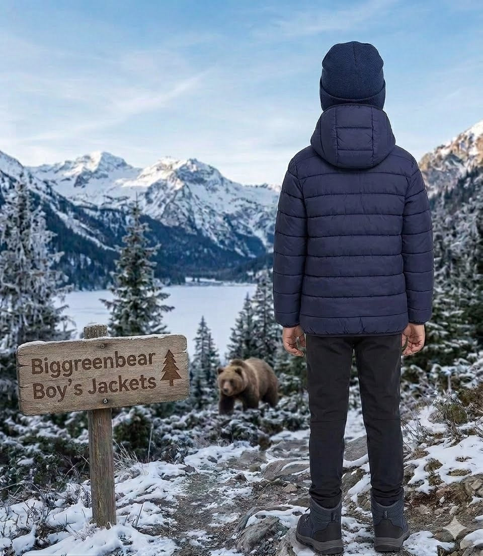 Person wearing a blue jacket in a snowy mountain landscape with a bear and a sign for Biggreenbear Boy's Jackets.