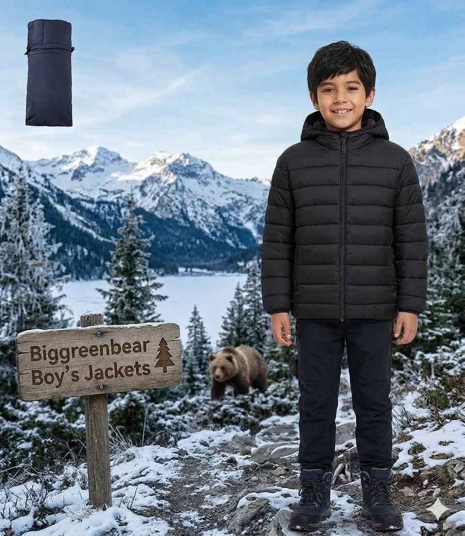 Child wearing a black puffer jacket in a snowy mountainous landscape with a 'Biggreenbear Boy's Jackets' sign.