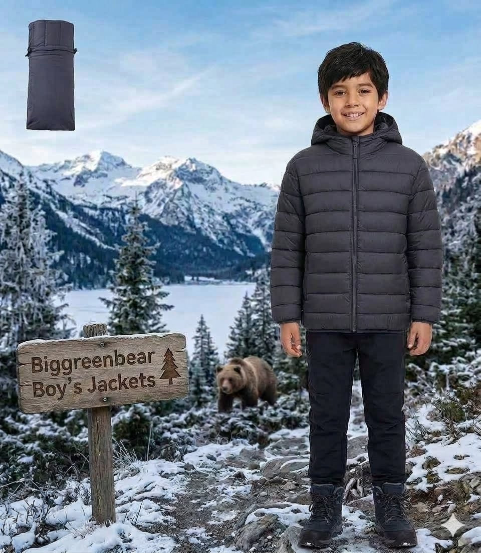 Child wearing a gray jacket in a snowy mountainous landscape with a 'Biggreenbear Boy's Jackets' sign.
