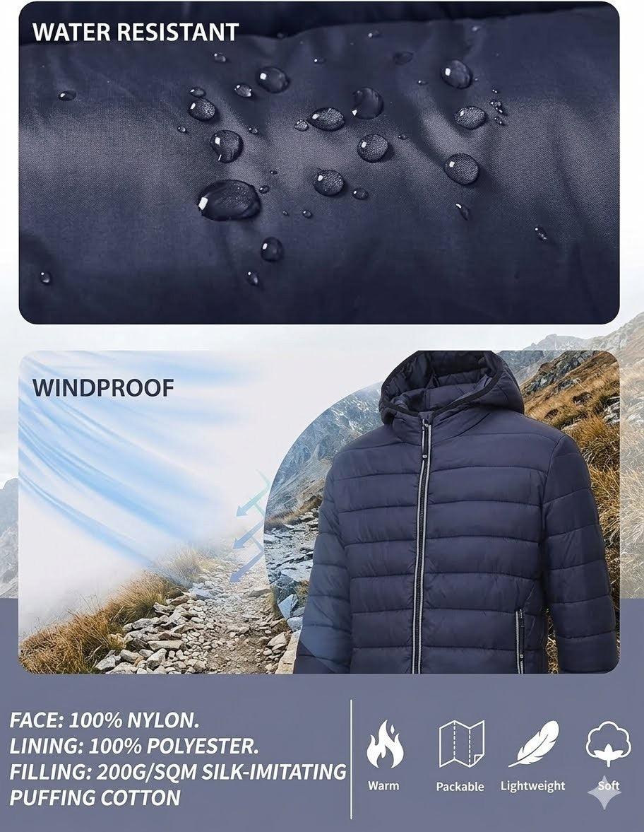Navy blue puffer jacket with water-resistant and windproof features, shown outdoors.