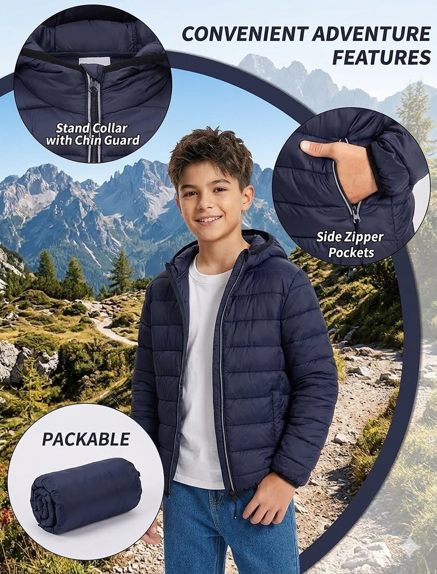 Child wearing a navy blue jacket with mountainous background