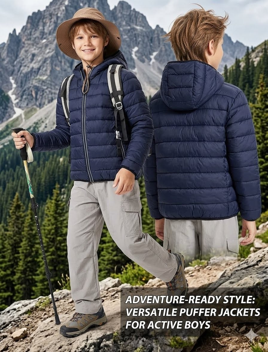 Two children in blue puffer jackets standing on a rocky mountain trail with hiking equipment.