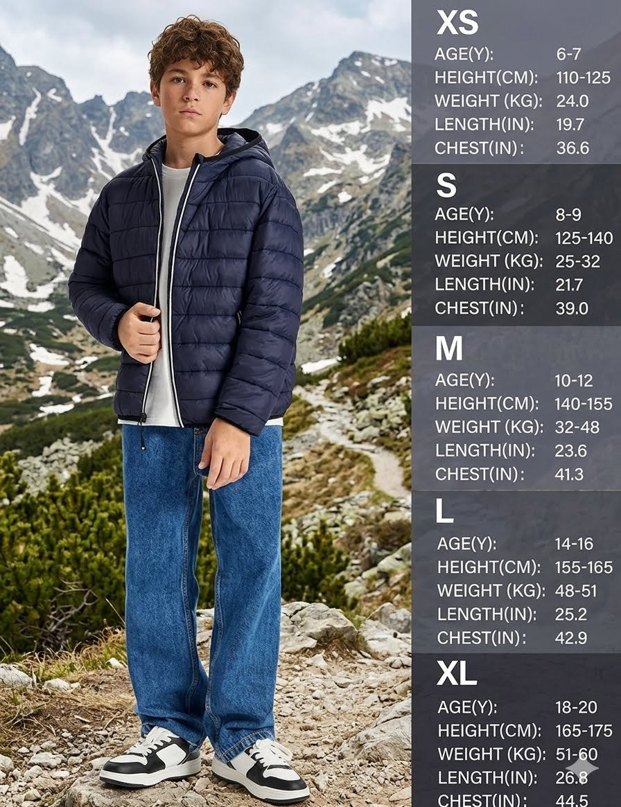 Person wearing a navy puffer jacket and jeans with mountainous background