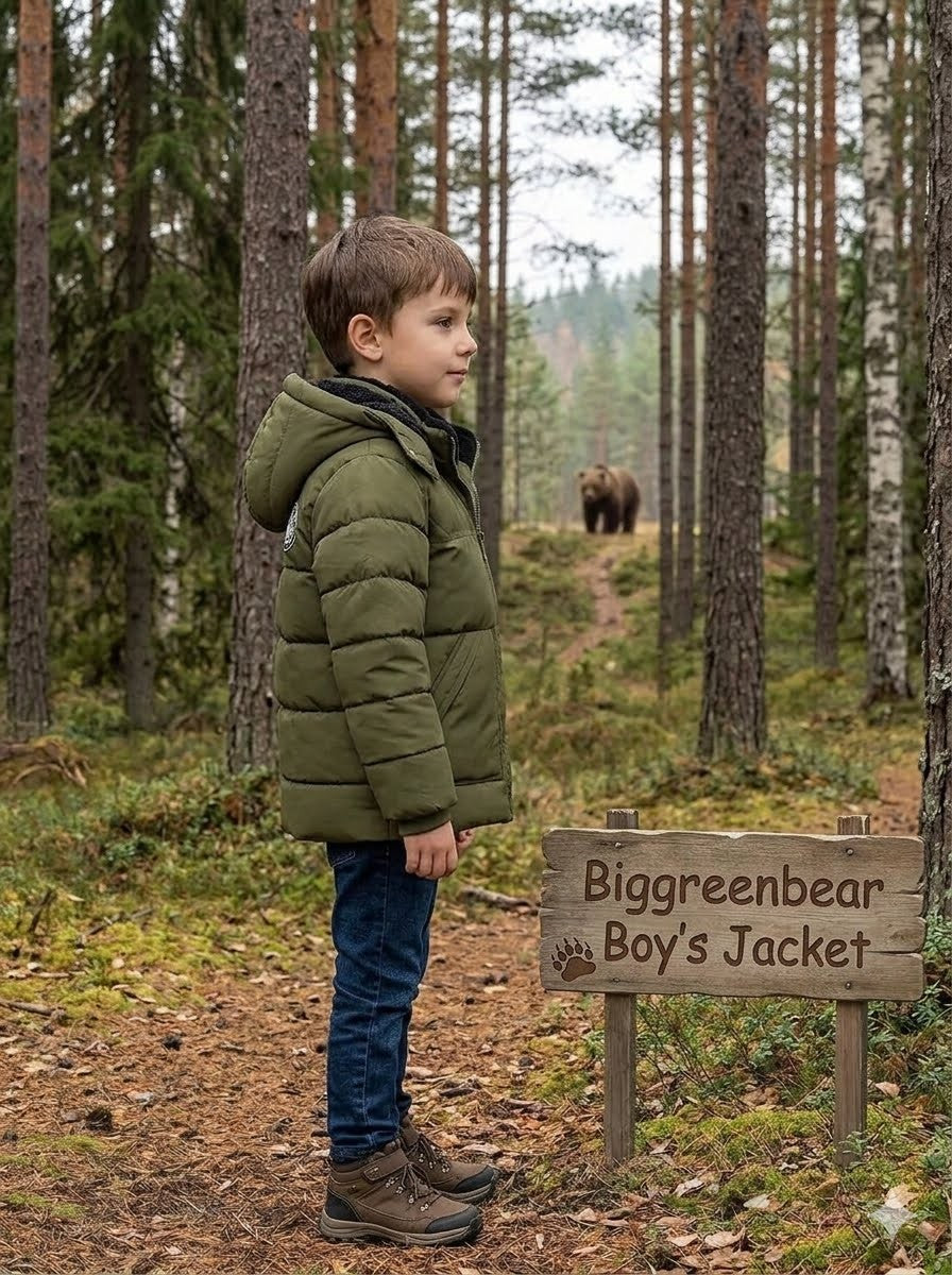 Child in a green jacket standing in a forest with a bear in the background, next to a sign for 'Biggreenbear Boy's Jacket'.