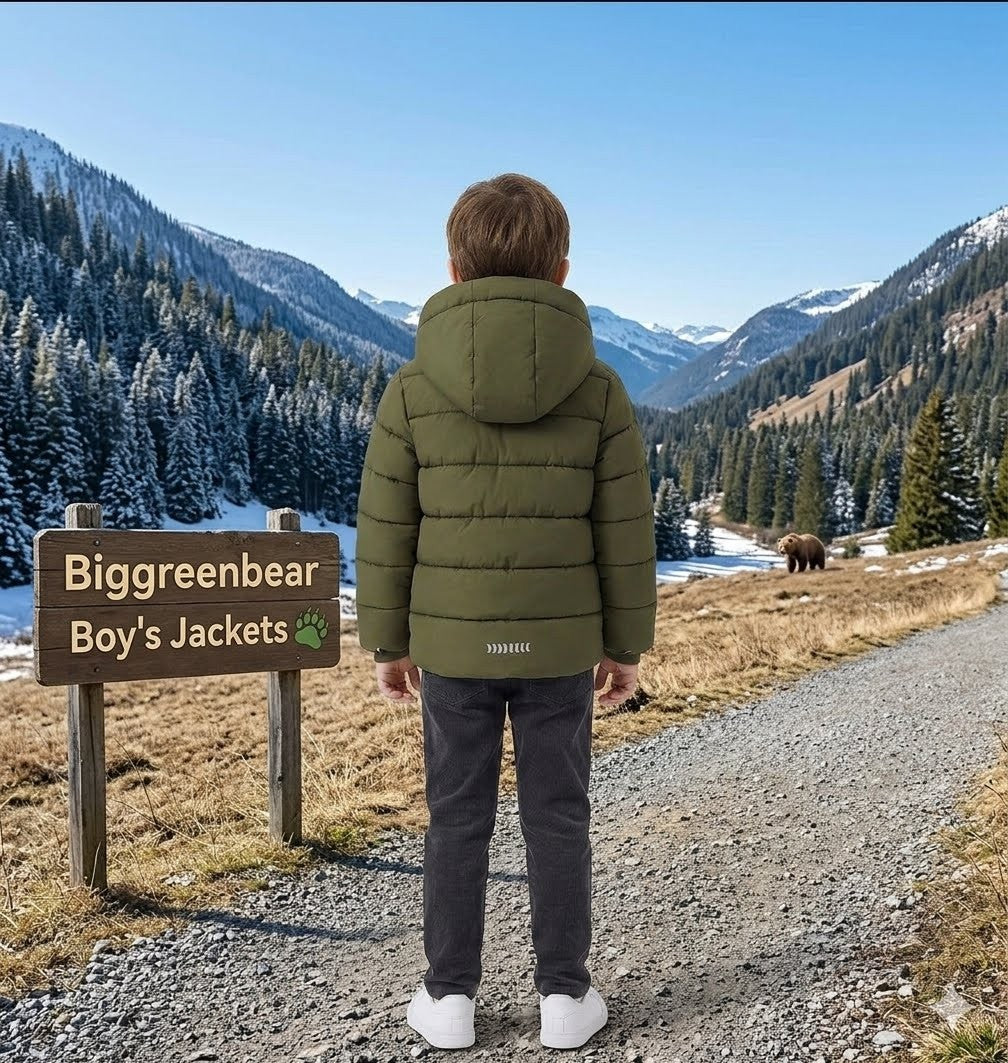 Person wearing a green jacket standing on a path with mountains and a bear in the background, next to a 'Biggreenbear Boys Jackets' sign.