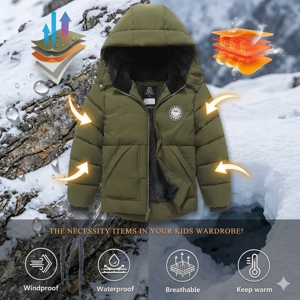 Green winter jacket with heating elements on a snowy background
