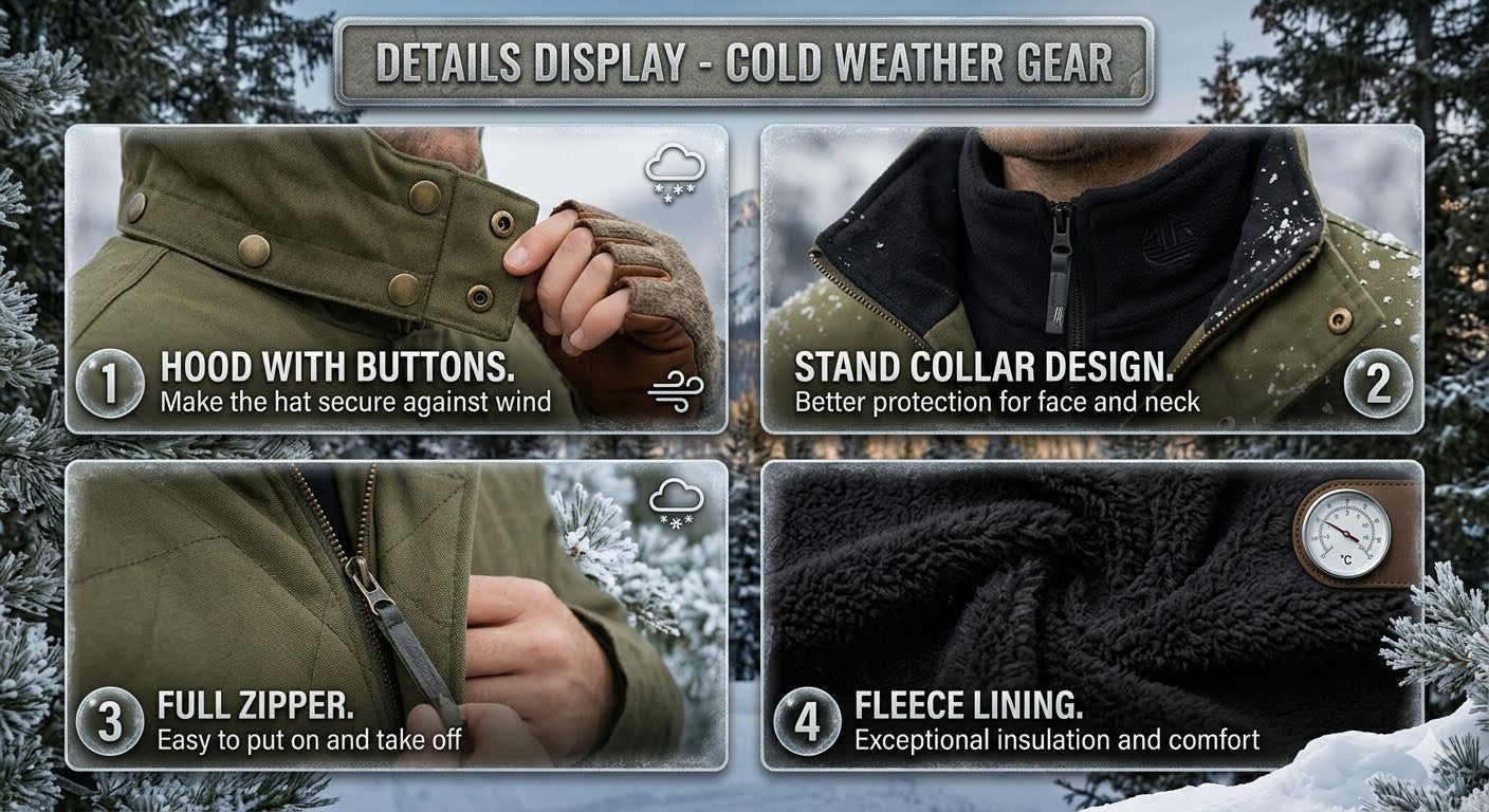 Cold weather gear details display with hood, stand collar, full zipper, and fleece lining features.