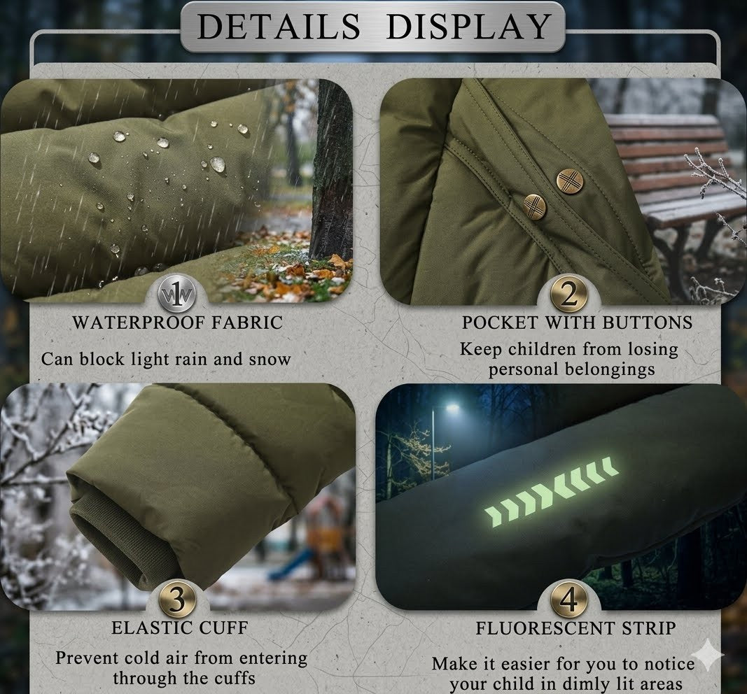 Product details of a green jacket with waterproof fabric, buttoned pocket, elastic cuff, and fluorescent strip.