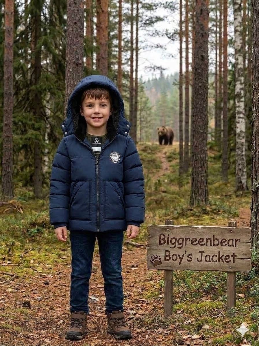 Child wearing a blue jacket in a forest with a 'Biggreenbear Boys Jacket' sign.