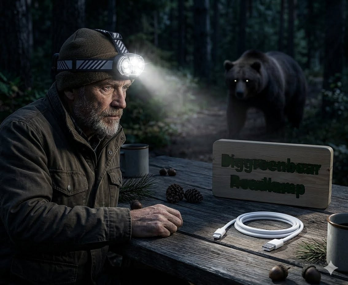 Man with a headlamp in a forest with a bear, featuring a product on a table.