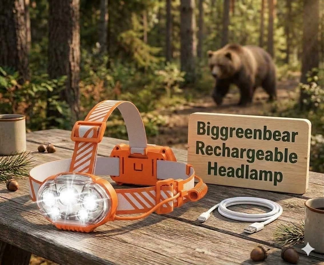 Orange rechargeable headlamp on a wooden surface with a bear in the background big green bear