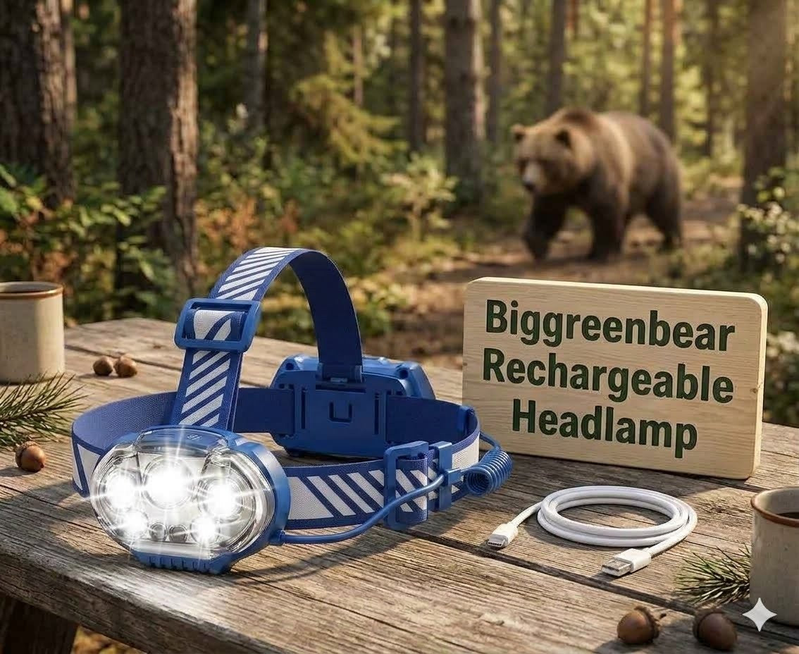 Blue rechargeable headlamp on a wooden table with a bear in the background big green bear