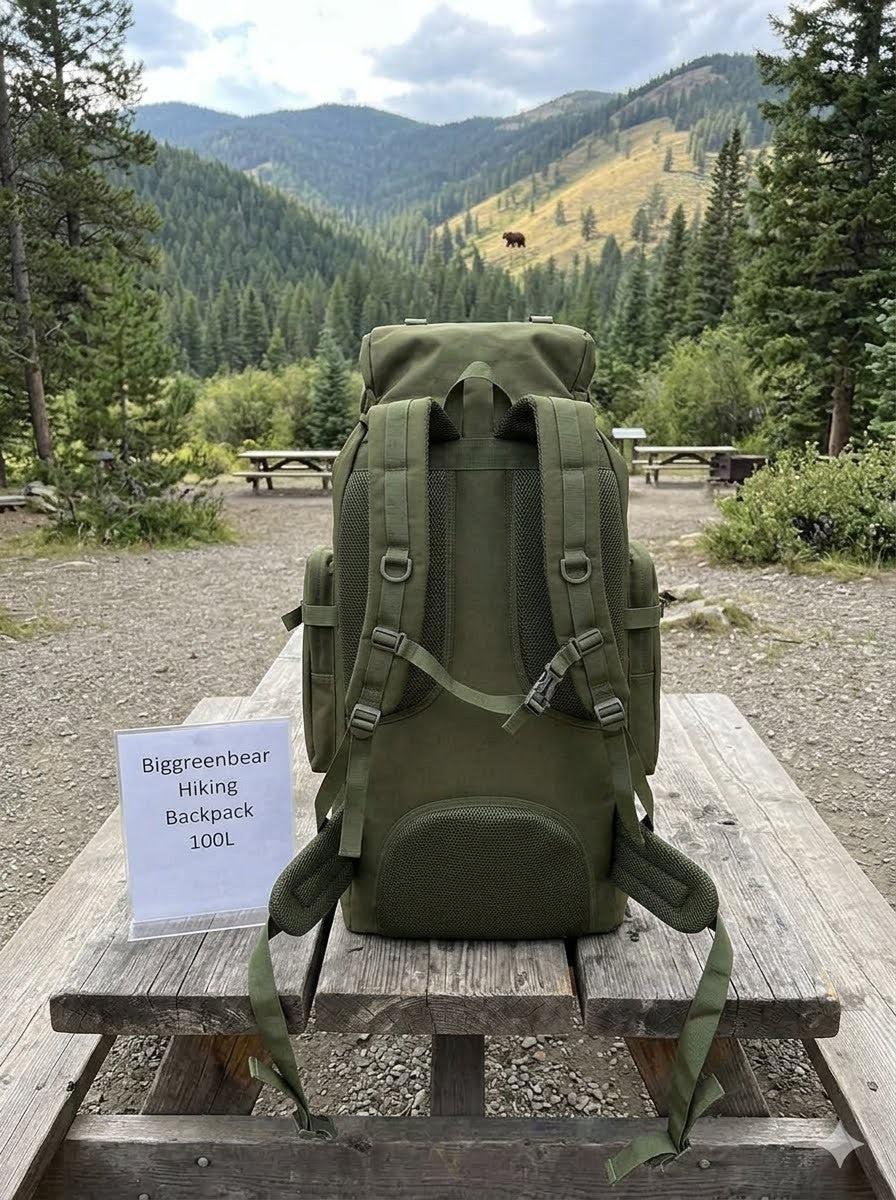 Green hiking backpack on a wooden bench with a mountainous landscape in the background
