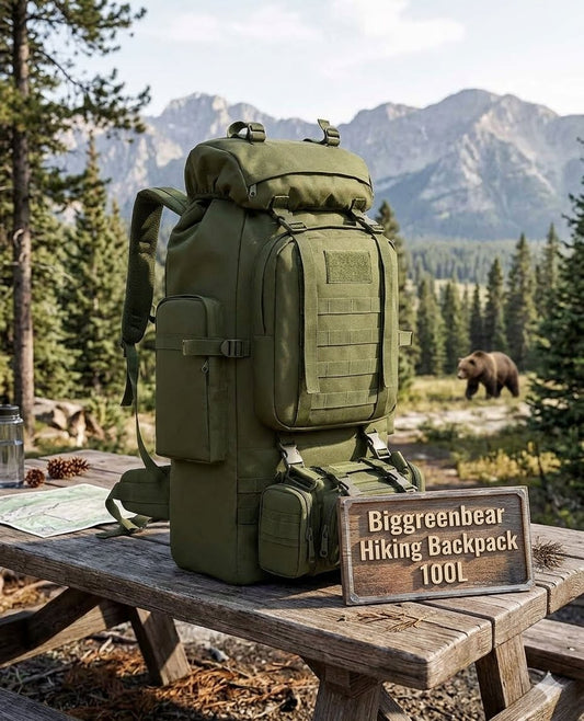 Green hiking backpack on a wooden table with a bear and mountainous background big green bear