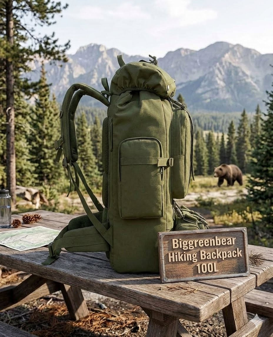 Green hiking backpack on a wooden table with a bear and mountainous background