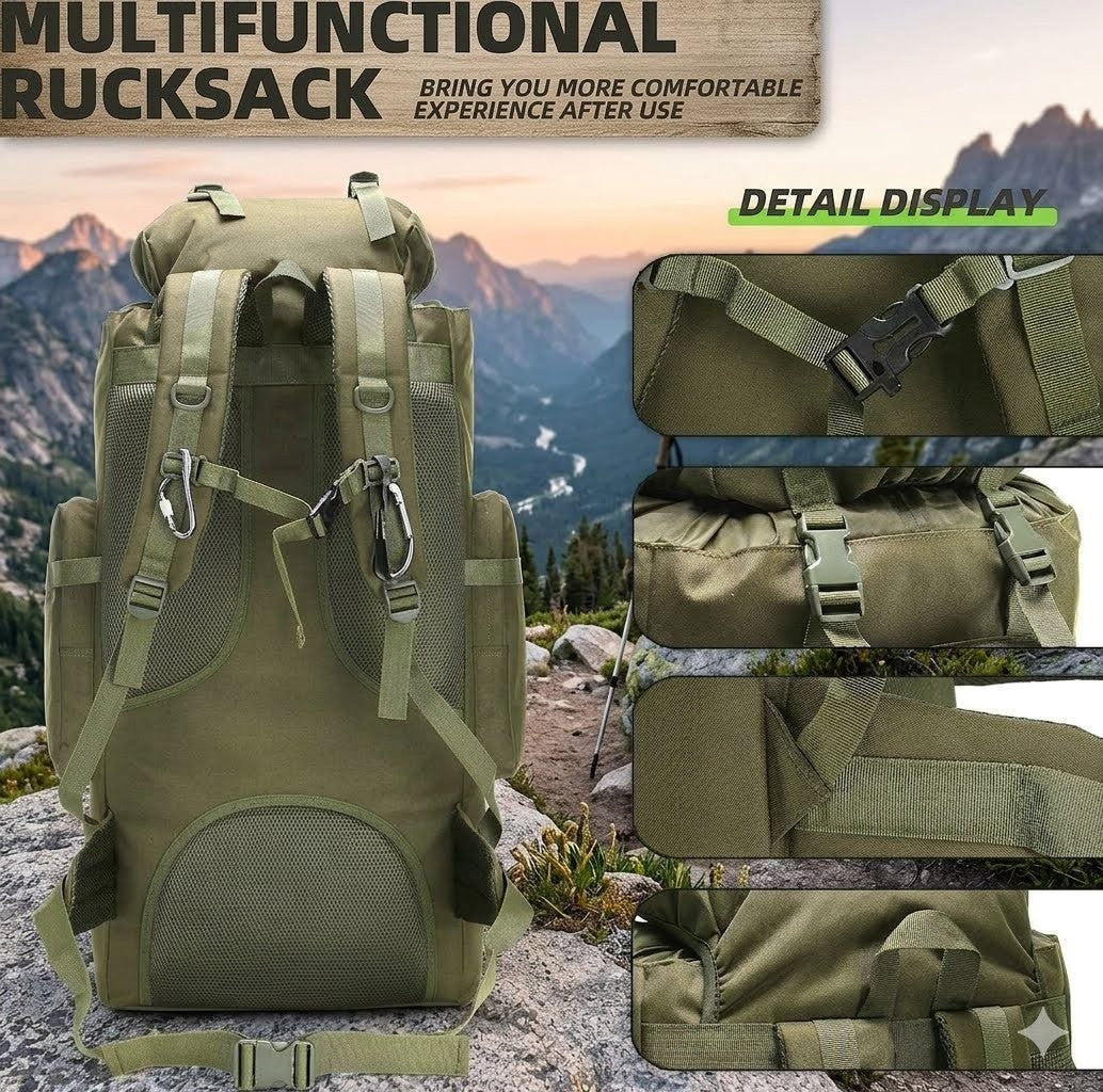 Multifunctional rucksack with detailed views against a mountainous background