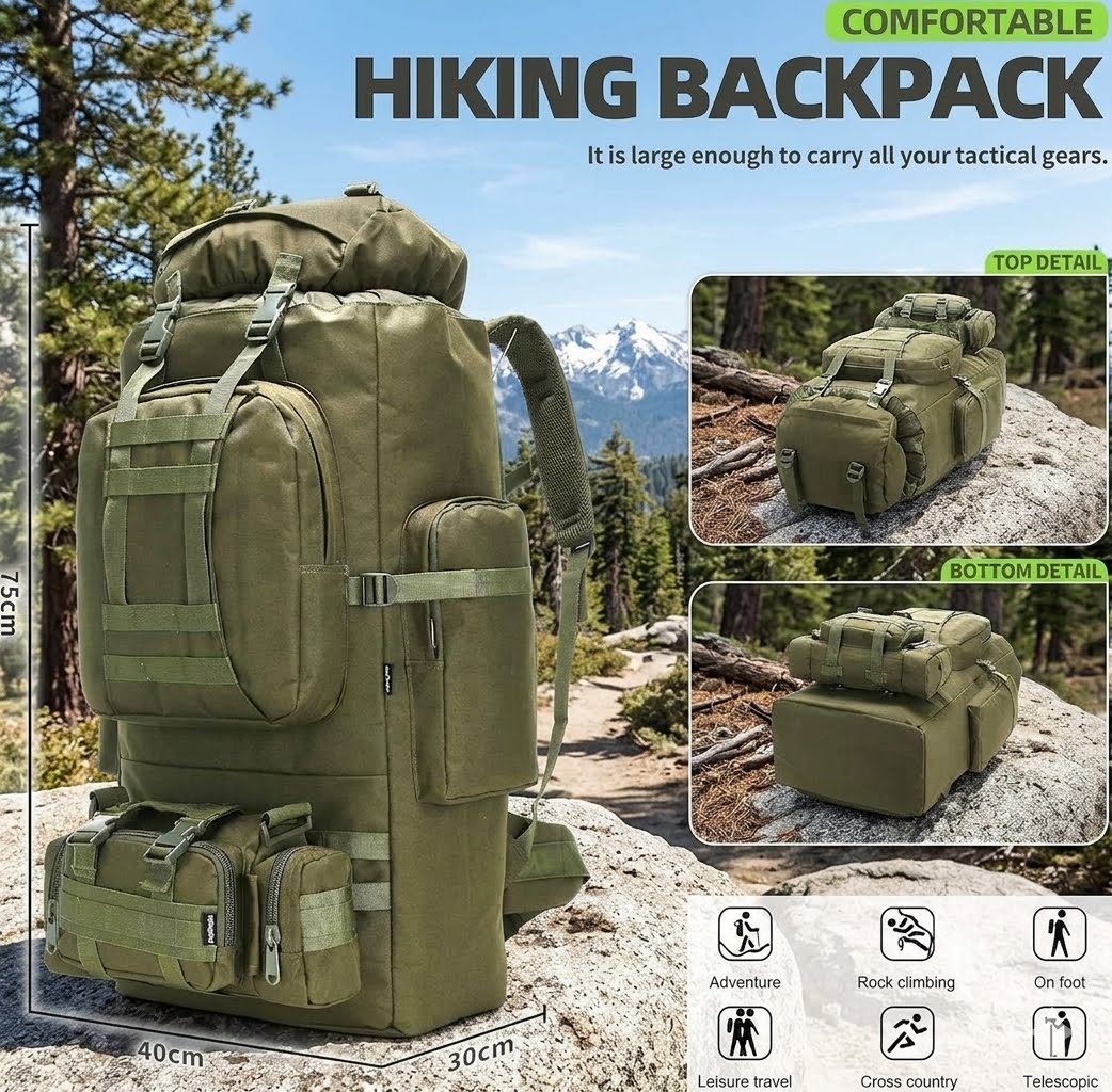 Green hiking backpack with detailed views and mountain background
