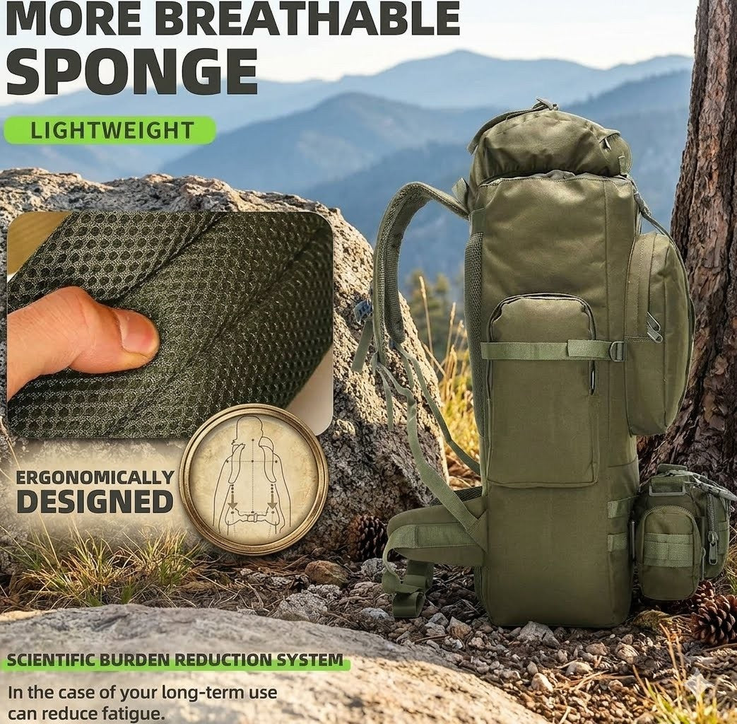 Green backpack with sponge and coin illustration in outdoor setting