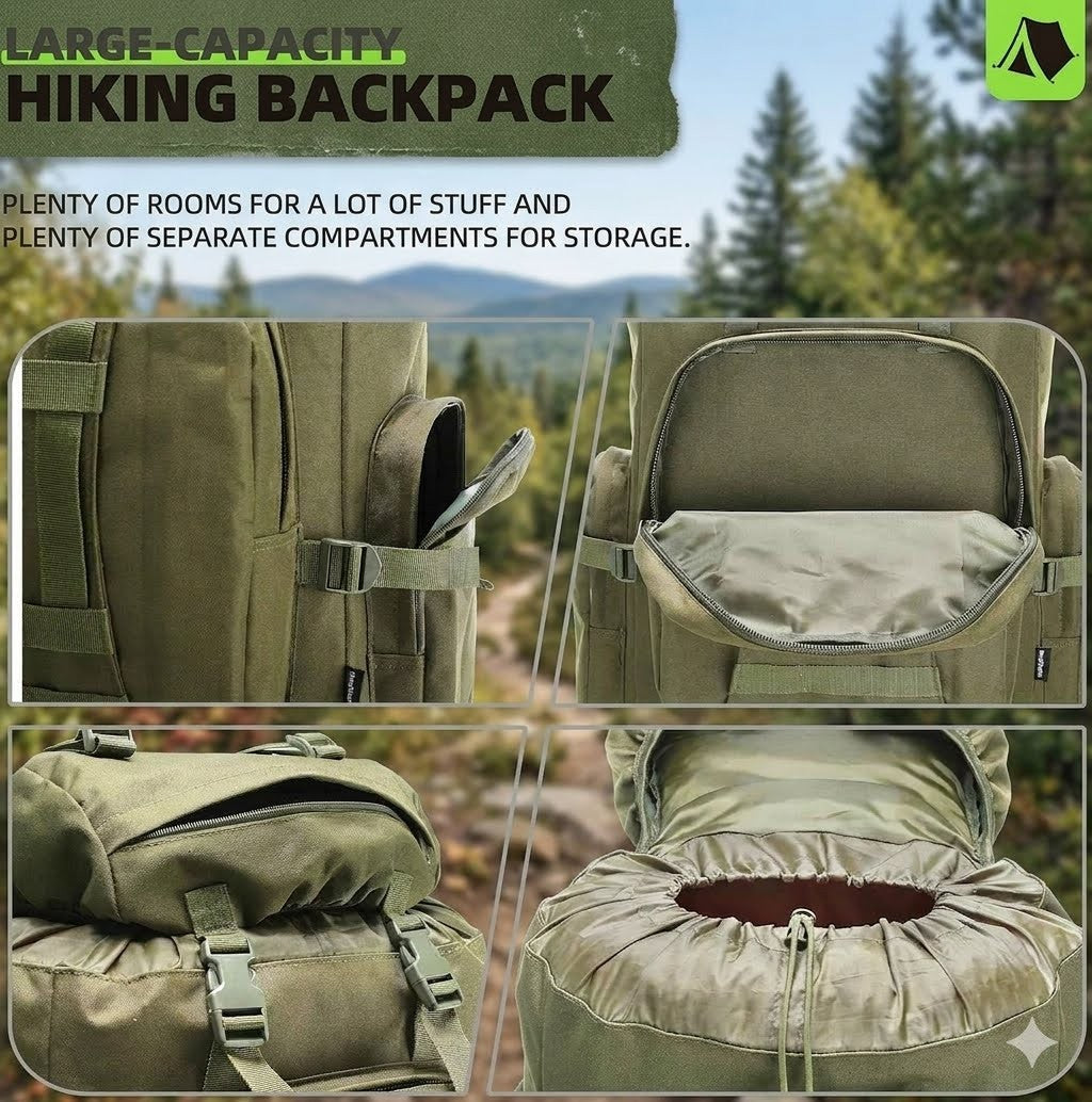 Large capacity hiking backpack with compartments and storage options, set against a forest background.
