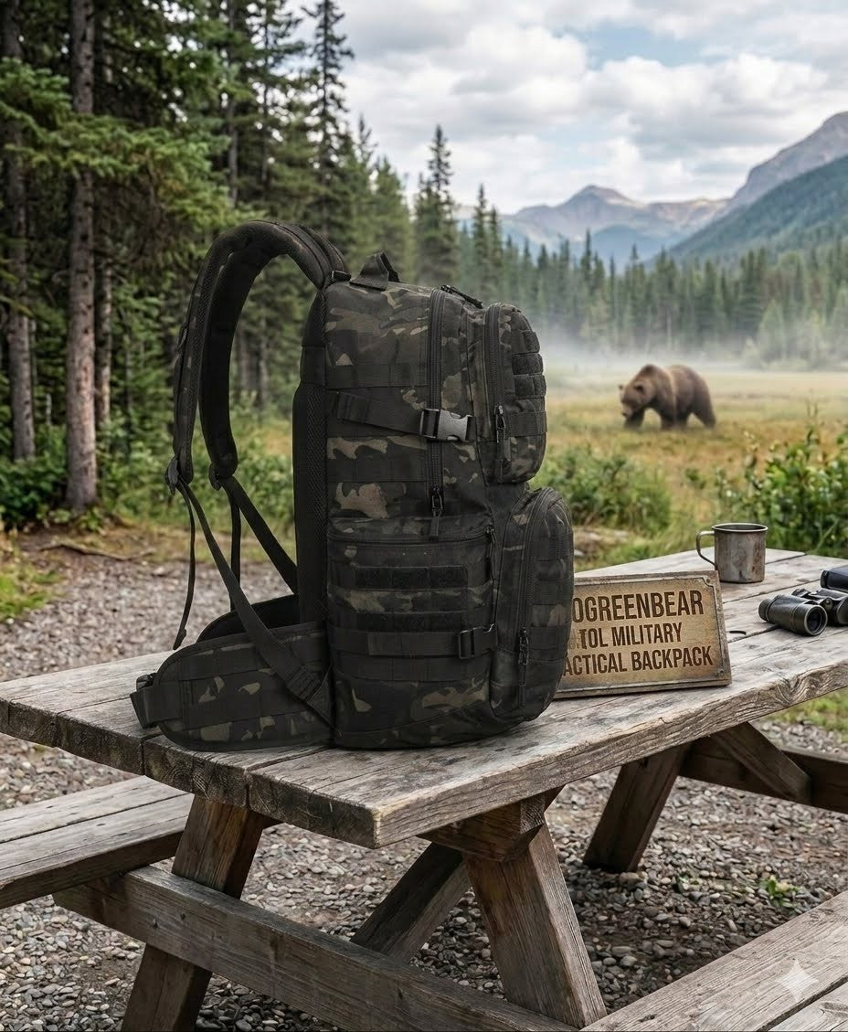 Camouflage backpack on a picnic table with a bear in the background