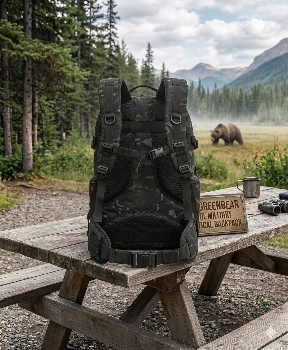 Camouflage backpack on a wooden picnic table with a bear in the background