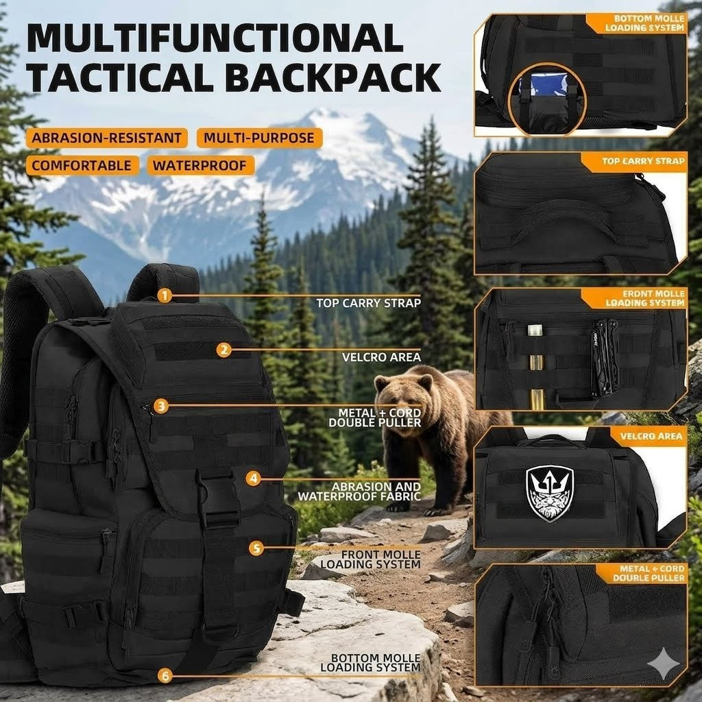 Multifunctional tactical backpack with features highlighted against a mountainous background
