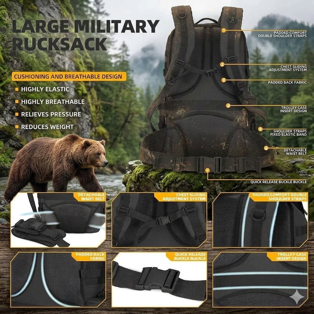Large military rucksack with features highlighted, set against a natural background with a bear.