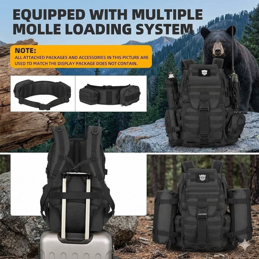 Black tactical backpack with multiple Molle loading system components, bear in background.
