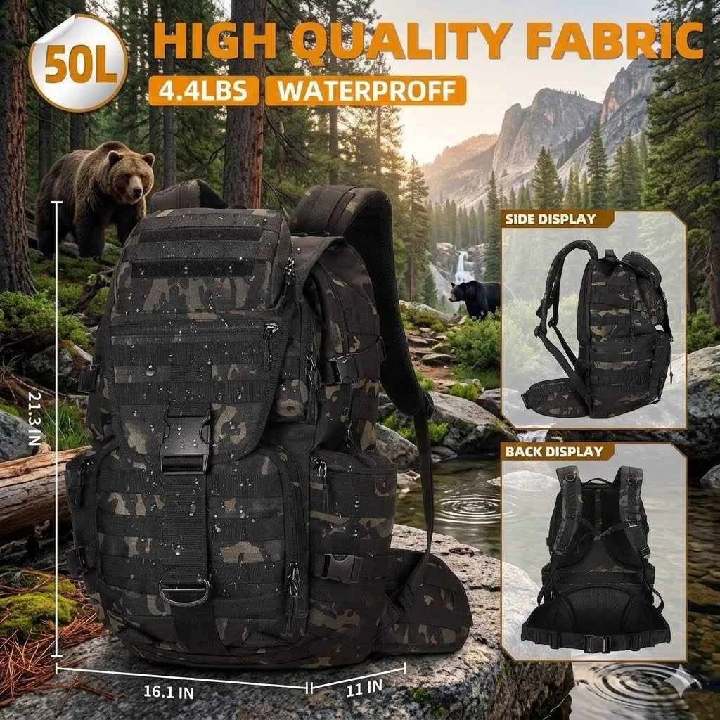 Camouflage backpack with mountain and bear background, highlighting waterproof feature.