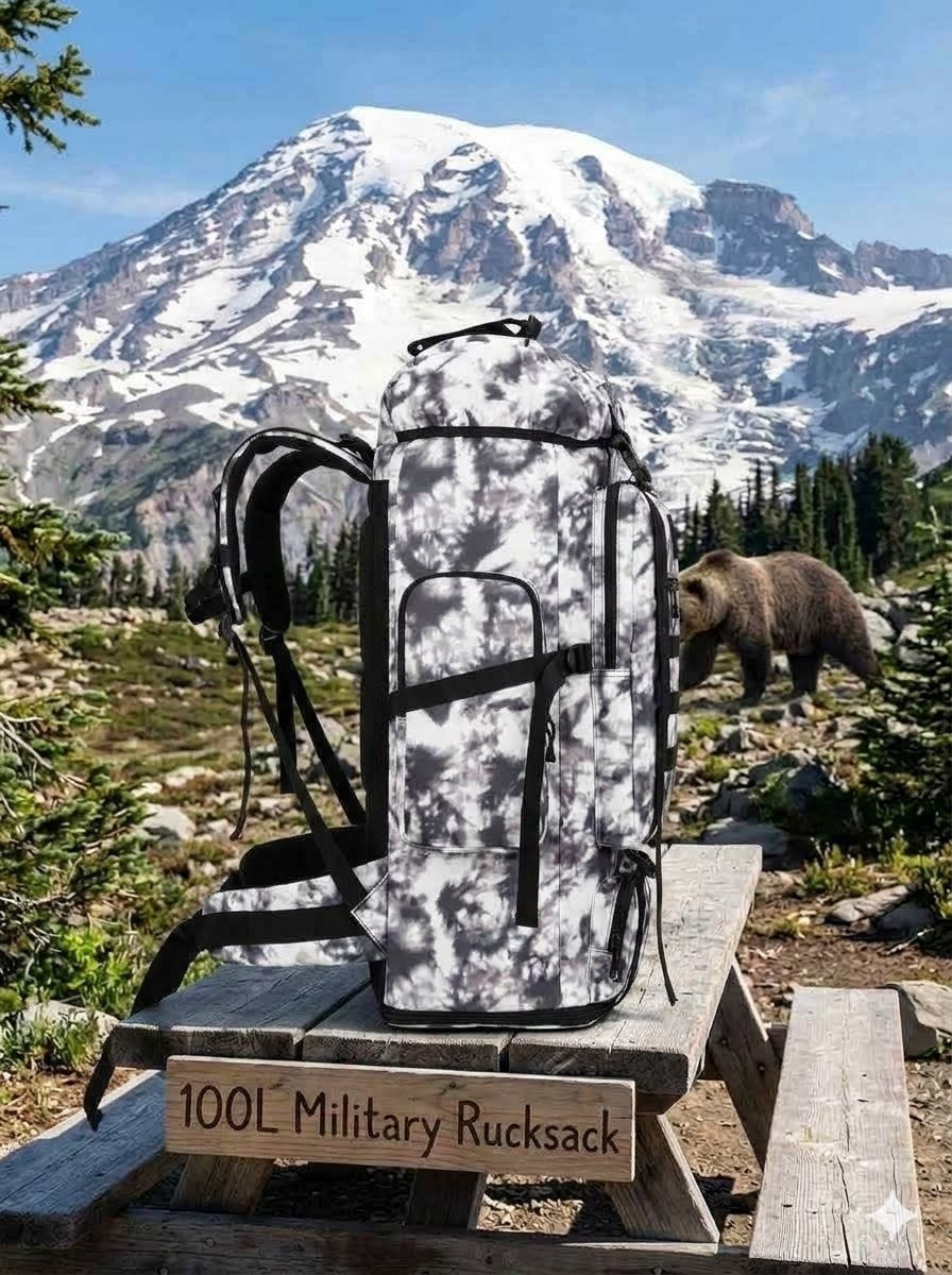 100L Military Rucksack with a bear and mountain in the background
