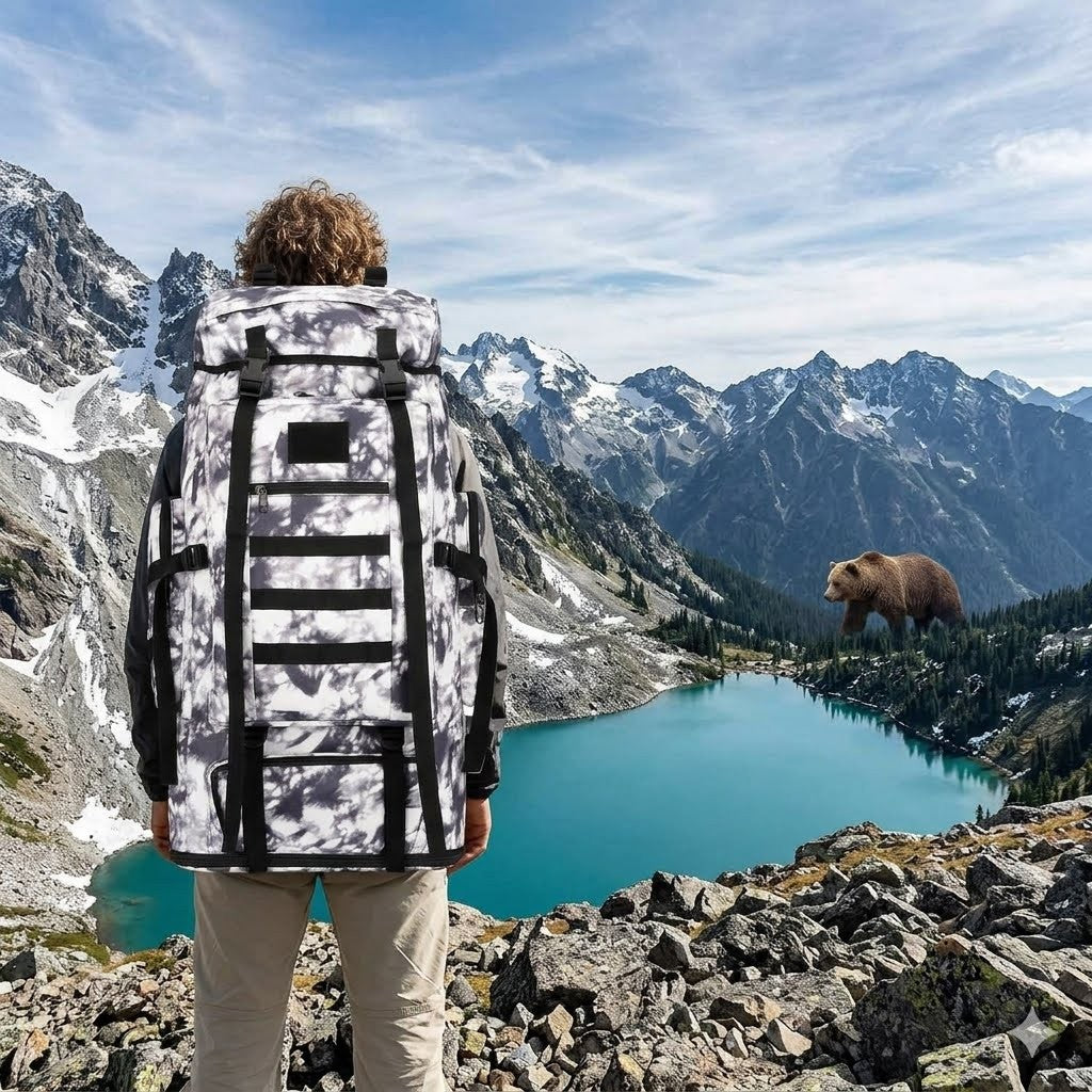 Person with a large backpack looking at a bear in a mountainous landscape with a lake.