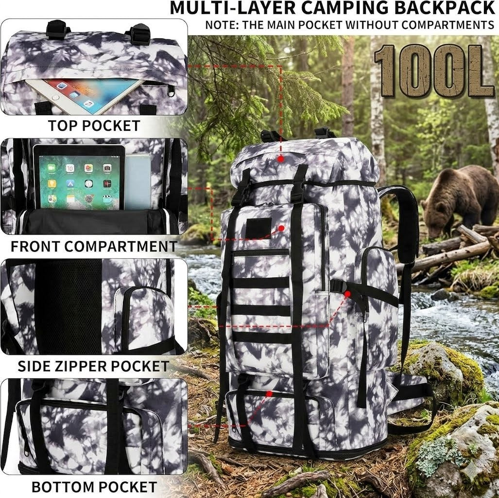 Multi-layer camping backpack with compartments labeled, set against a forest background.