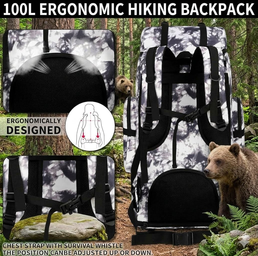 Ergonomic hiking backpack with bear and forest background