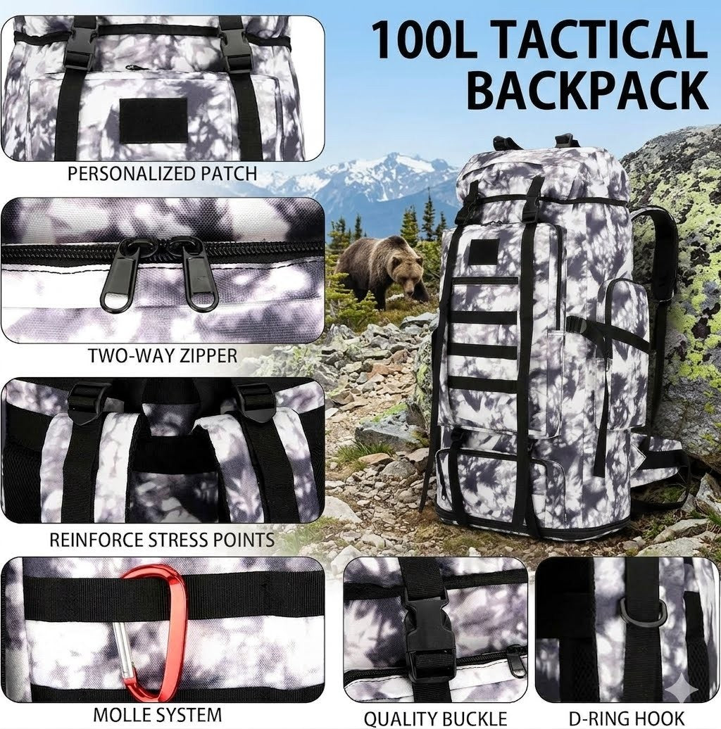 100L tactical backpack with features highlighted on a mountainous background