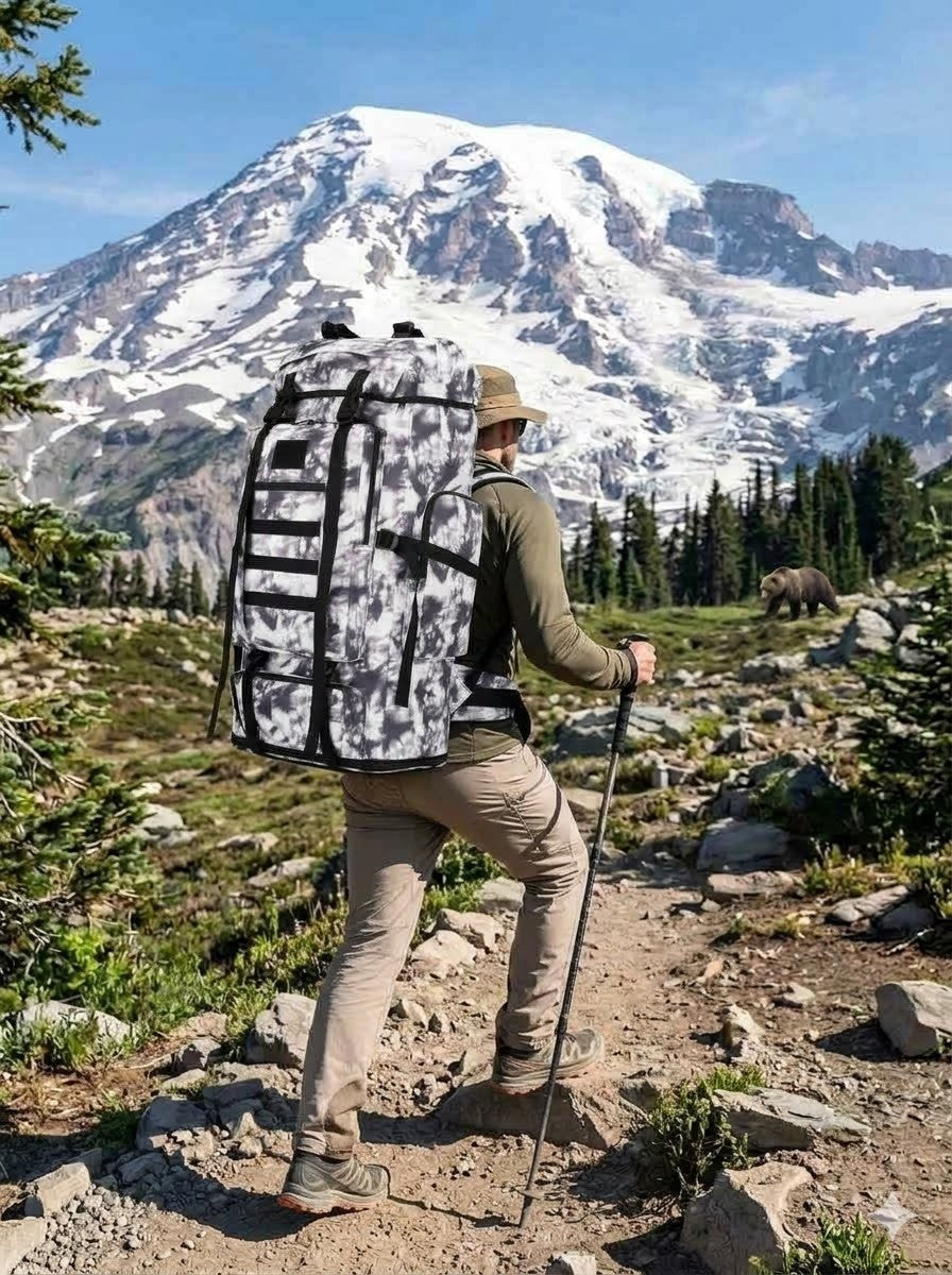 Person hiking with a large backpack in a mountainous landscape