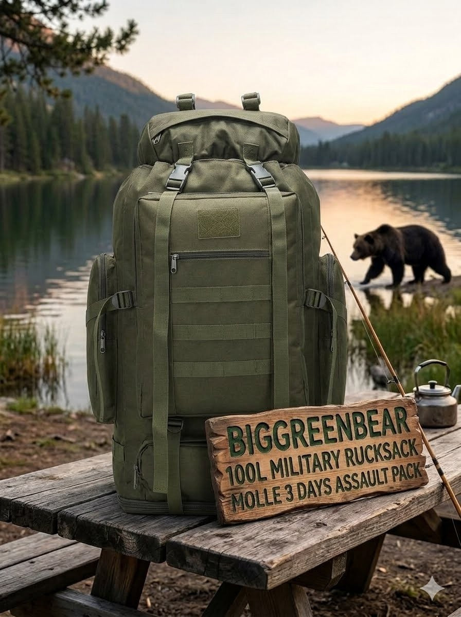 Green military rucksack on a wooden bench with a bear and lake in the background