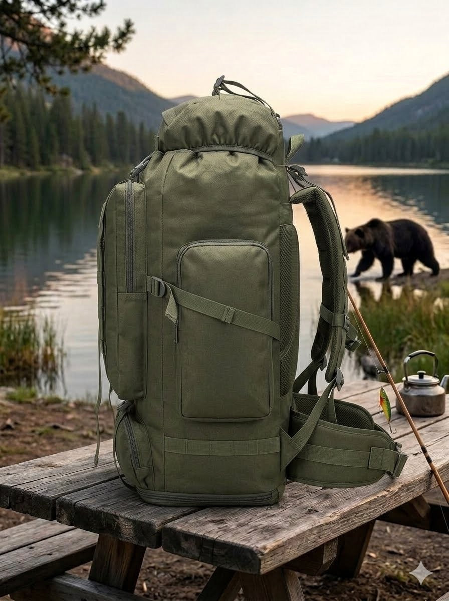 Green backpack on a wooden bench by a lake with a bear in the background